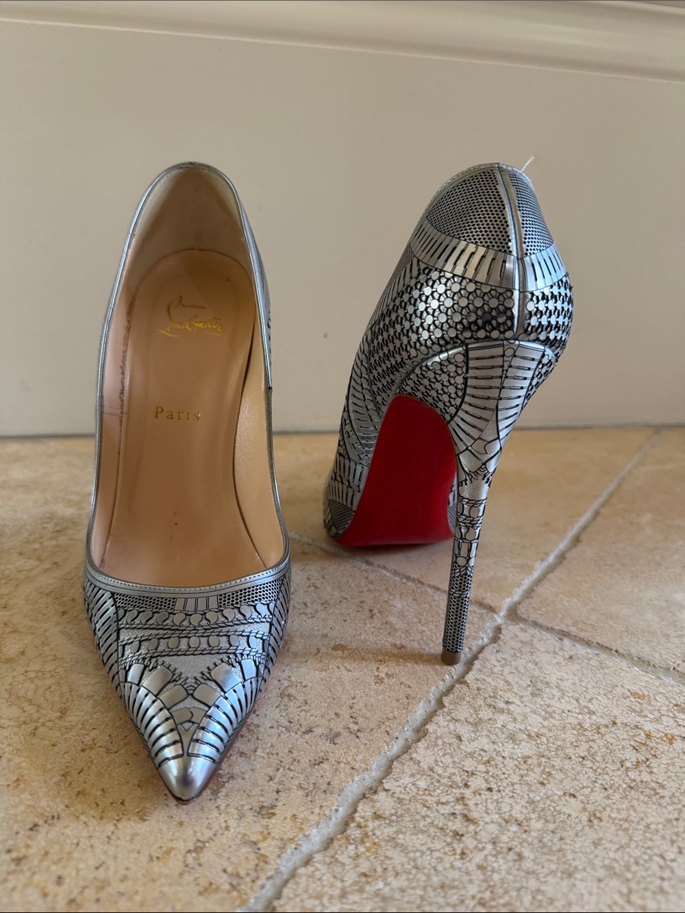Christian Louboutin Silver Patterned Patent Pointed-Toe Pumps with Red Sole